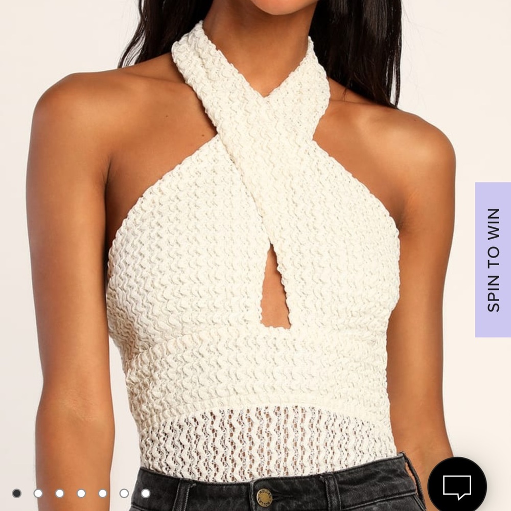 City Living Cream Knit Textured Cutout Lace-Up Halter Bodysuit